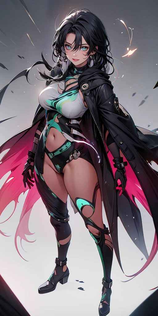 jianxindef, (long hair, gradient hair, black hair:1.3), parted bangs, breasts, epic art, fantasy, anatomically correct, torn_clothes, 1girl, torn_legwear, breasts, leotard, looking_at_viewer, solo, smile, hood, standing, large_breasts, covered_navel, hood_up, full_body, cloak, gloves, black_leotard, bodysuit, boots, black_footwear, pantyhose, closed_mouth, navel, glowing, high_heels, science_fiction, bodystocking, nsfw art, nsfw, hollow eyes, bright pupils, green eyes, looking at viewer. glowing eyes heavy breathing, seductive smile, lips, 