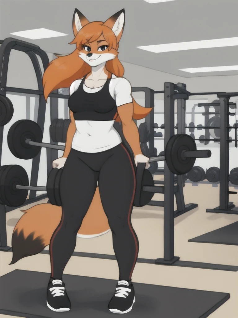 Furry, fox, female, white shirt, black leggings, shoes, gym, teen, full body