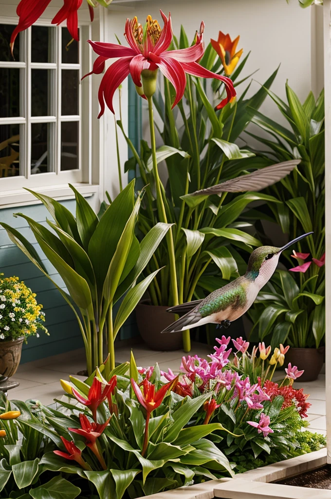A hummingbird perched on a Heliconias flower in the background a patio of a house with a duck

