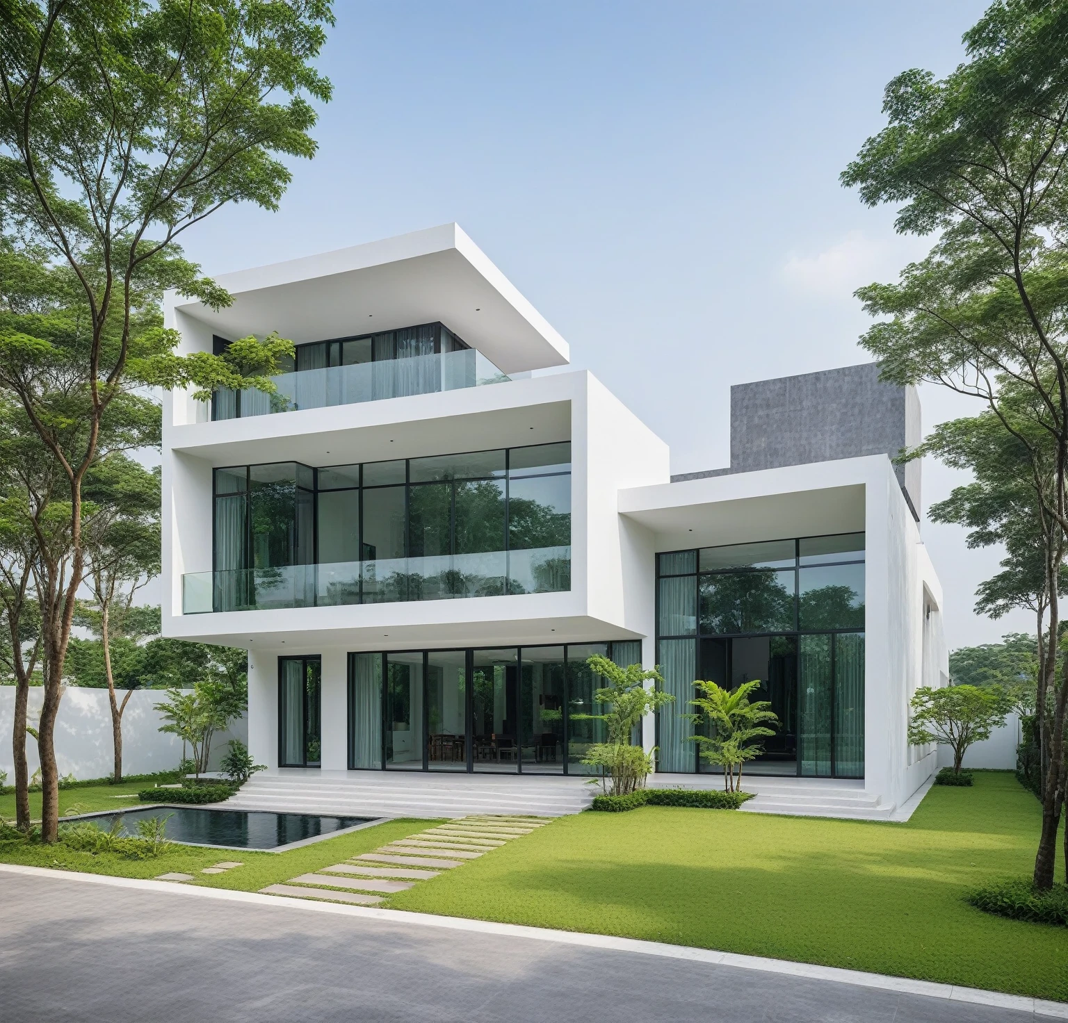 A modern minimalist style single-story villa with a flat roof, white walls and glass windows in Vietnam is surrounded by green lawns, ((road)), ((sidewalk)), ((sidewalk trees)), The overall architectural design features clean lines and simplicity, creating an elegant atmosphere. Use professional photography techniques to capture details and highlight the unique architecture of contemporary luxury houses in the style of minimalism