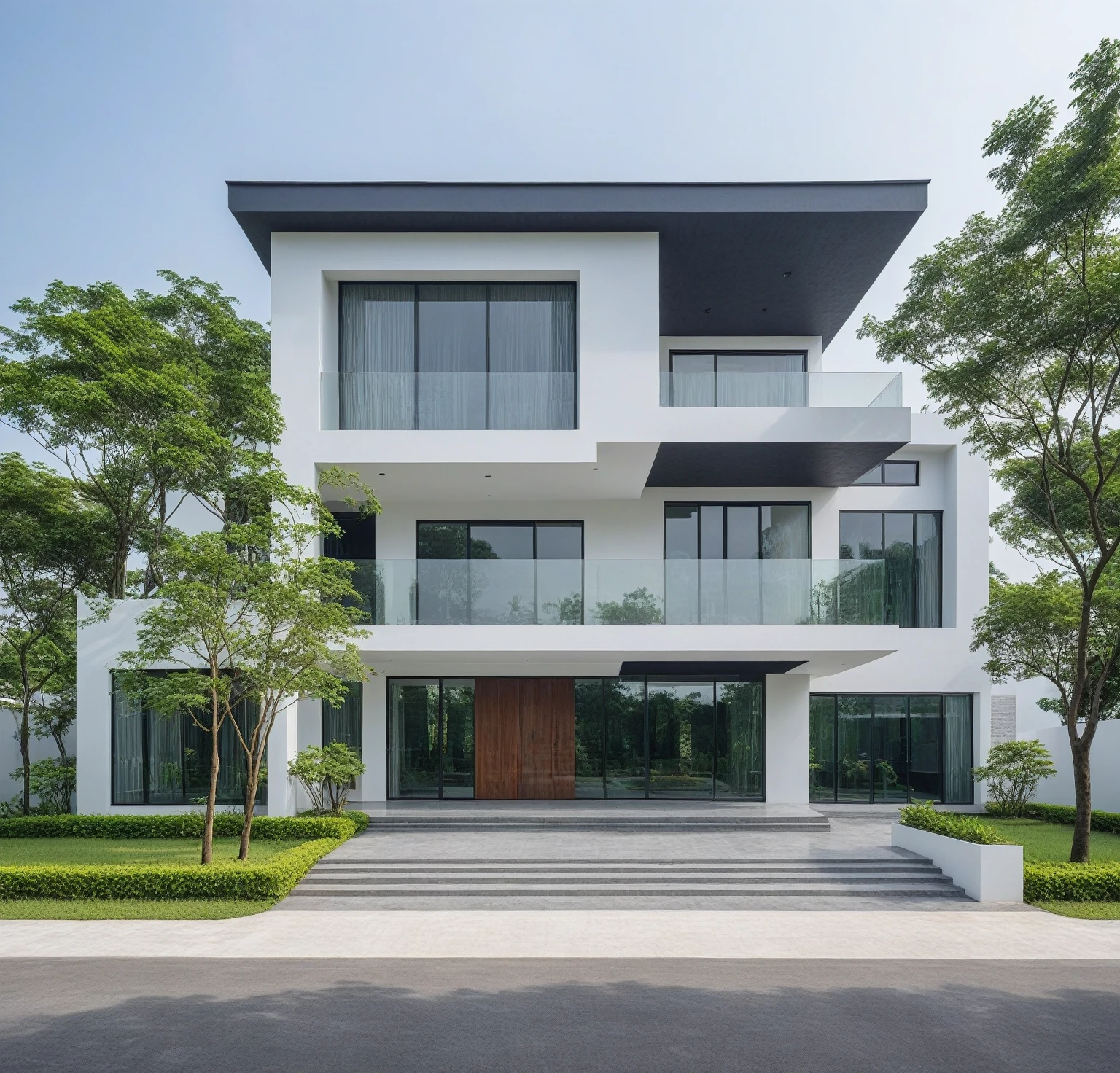A modern minimalist style single-story villa with a flat roof, white walls and glass windows in Vietnam is surrounded by green lawns, ((road)), ((sidewalk)), ((sidewalk trees)), The overall architectural design features clean lines and simplicity, creating an elegant atmosphere. Use professional photography techniques to capture details and highlight the unique architecture of contemporary luxury houses in the style of minimalism