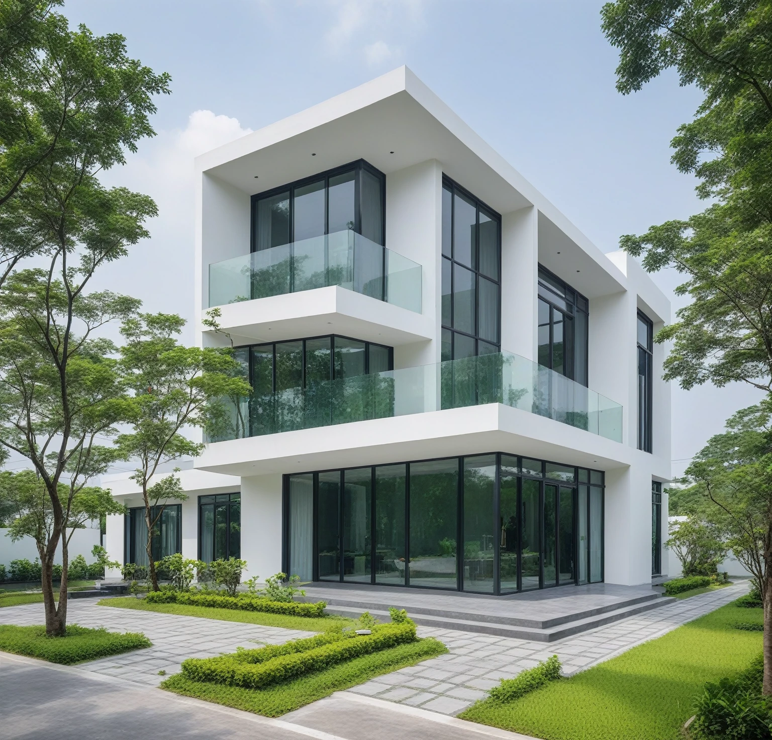 A modern minimalist style single-story villa with a flat roof, white walls and glass windows in Vietnam is surrounded by green lawns, ((road)), ((sidewalk)), ((sidewalk trees)), The overall architectural design features clean lines and simplicity, creating an elegant atmosphere. Use professional photography techniques to capture details and highlight the unique architecture of contemporary luxury houses in the style of minimalism