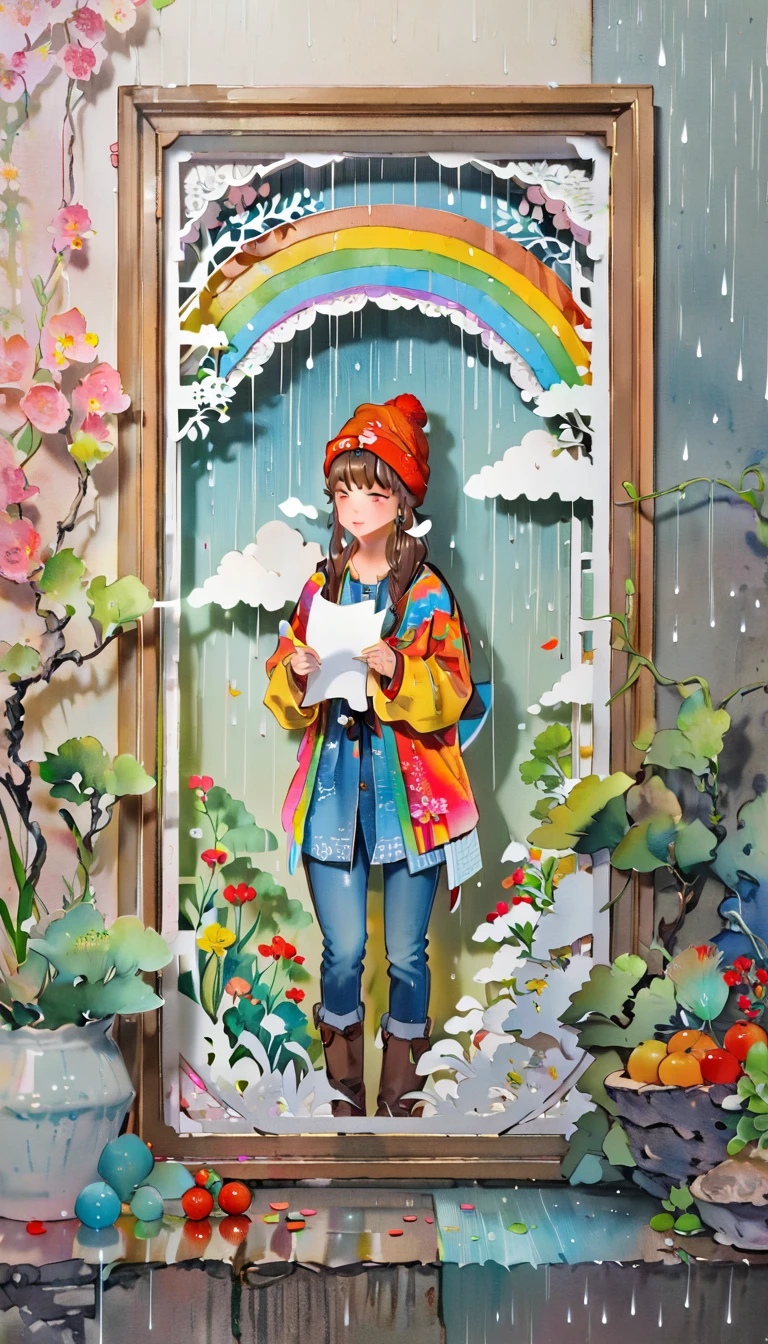 (((paper cutting style))), (frame of illustration is 3D paper cutting: 1.2), (colorful), 1 girl, brown long hair, curry long hair, knit cap, denim, shirts, rainbow, rain, unclear