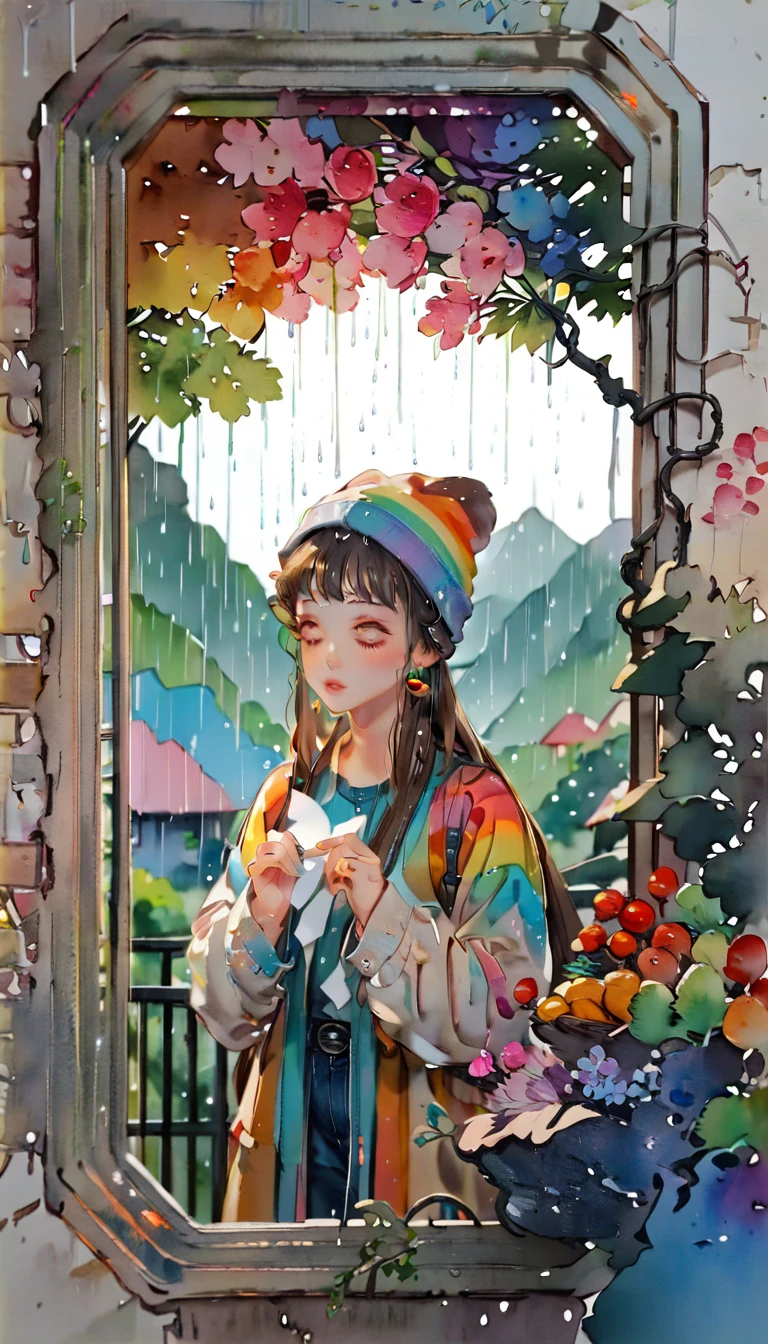 (((paper cutting style))), (frame of illustration is 3D paper cutting: 1.2), (colorful), 1 girl, brown long hair, curry long hair, knit cap, denim, shirts, rainbow, rain, unclear