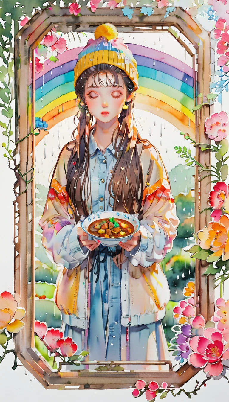 (((paper cutting style))), (frame of illustration is 3D paper cutting: 1.2), (colorful), 1 girl, brown long hair, curry long hair, knit cap, denim, shirts, rainbow, rain, unclear
