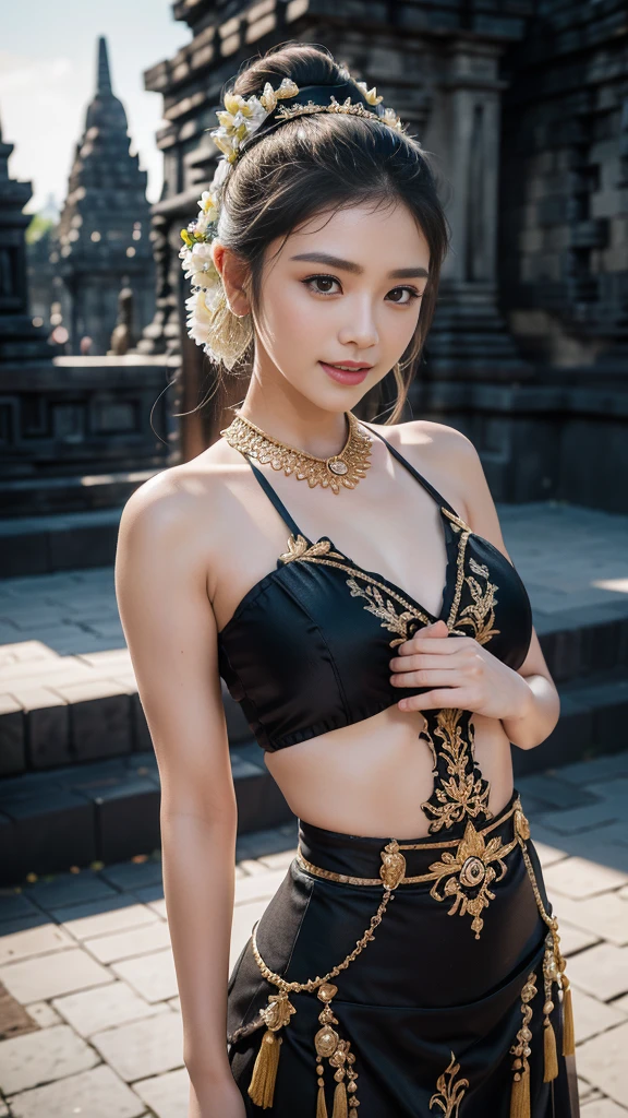 1female, a woman in the era of the Majapahit kingdom, is having a traditional Javanese wedding with gold and black ornaments, wearing a typical Javanese bun, with a charming and charming gaze, smiling, oriental female, with the Prambanan temple in the background, ancient Javanese era, cinematic photography, detailed, hyperrealism, great detail, 8k cinematic, high resolution, symmetrically, cinematic, color grading, photography, shot on 50mm lens, ultra-wide angle, depth of field, hyperdetailed, beautifully color-coded, insane detail, intricate detail, beautiful color grading, incredibly detailed and intricate, hyper maximal, elegant, hyperrealistic, super detailed, posing dynamic, photography, ultra-realistic, Full - HD, high detailed definition, Hyper detailed, 8k