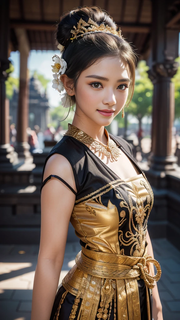 1female, a woman in the era of the Majapahit kingdom, is having a traditional Javanese wedding with gold and black ornaments, wearing a typical Javanese bun, with a charming and charming gaze, smiling, oriental female, with the Prambanan temple in the background, ancient Javanese era, cinematic photography, detailed, hyperrealism, great detail, 8k cinematic, high resolution, symmetrically, cinematic, color grading, photography, shot on 50mm lens, ultra-wide angle, depth of field, hyperdetailed, beautifully color-coded, insane detail, intricate detail, beautiful color grading, incredibly detailed and intricate, hyper maximal, elegant, hyperrealistic, super detailed, posing dynamic, photography, ultra-realistic, Full - HD, high detailed definition, Hyper detailed, 8k