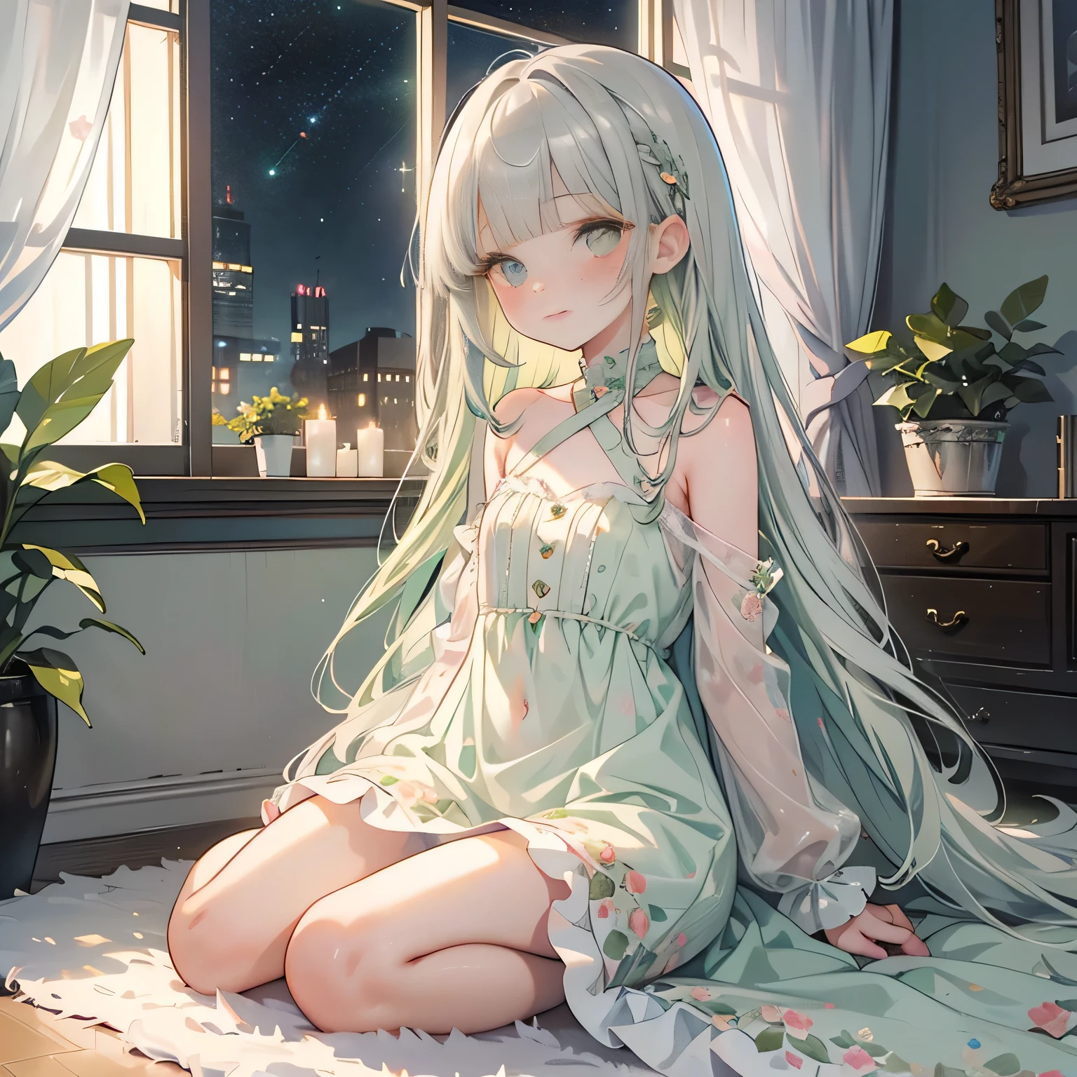 ♥full body,(floral cute mini dress),((1girl,cute,little ,semi long beautiful silver green hair,blunt bangs,beautiful eyes)),beautiful pastel house room,flat sitting on the carpet,curtain,window,night starry sky,
(solo),(looking at the viewer), innocent smile,cinematic lighting and pause,