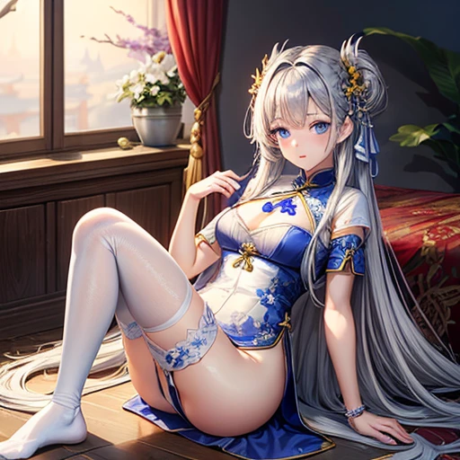 masterpiece, Highest quality, One girl, Famous (Maiden lily brilliance) (Azur Lane), Gray Hair, Very long hair, blue eyes, hair ornaments, chest, chestの谷間, China dress, Chinese clothing, Official Alternative Costumes, White knee socks, Garter Straps, Short sleeve, Chinese commentary, lanthanum,