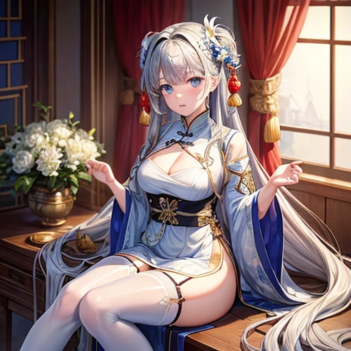 masterpiece, Highest quality, One girl, Famous (Maiden lily brilliance) (Azur Lane), Gray Hair, Very long hair, blue eyes, hair ornaments, chest, chestの谷間, China dress, Chinese clothing, Official Alternative Costumes, White knee socks, Garter Straps, Short sleeve, Chinese commentary, lanthanum,
