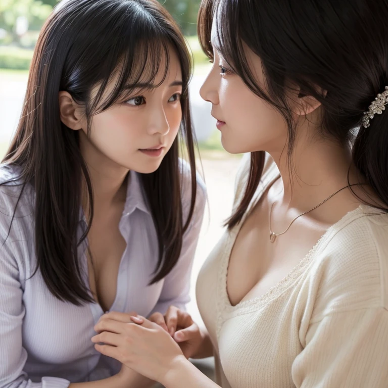 45-year-old married woman、Confessing to a small-breasted and unattractive female college student、Long Black Hair、Puzzled、Love confession scene、from the front、Not cute、Choibusu、A Cup、Emphasize the chest、happy、Accepted、Lesbian couple is born