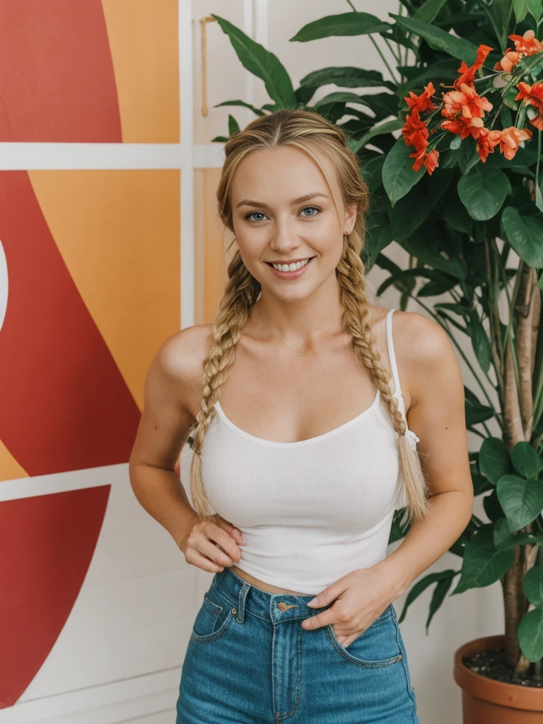 solo, realistic, photorealistic, natural lighting, (large forehead, (((Latvian woman))), (((Latvian nose))), (((Latvian eyes))), (((blonde))), (((braids))), (((Latvian face))), (((Latvian lips))), (((Latvian body))), (((fair complexion))) pose: standing, smiling, wearing Ruched Bodycon Dress, cleavage, , background: A trendy bar designed with vibrant, photogenic decor that includes neon signs, hanging plants, and art murals. Cocktails are creatively crafted with colorful ingredients and edible flowers, perfect for sharing on social media. The atmosphere is lively, with indie pop playing in the background.