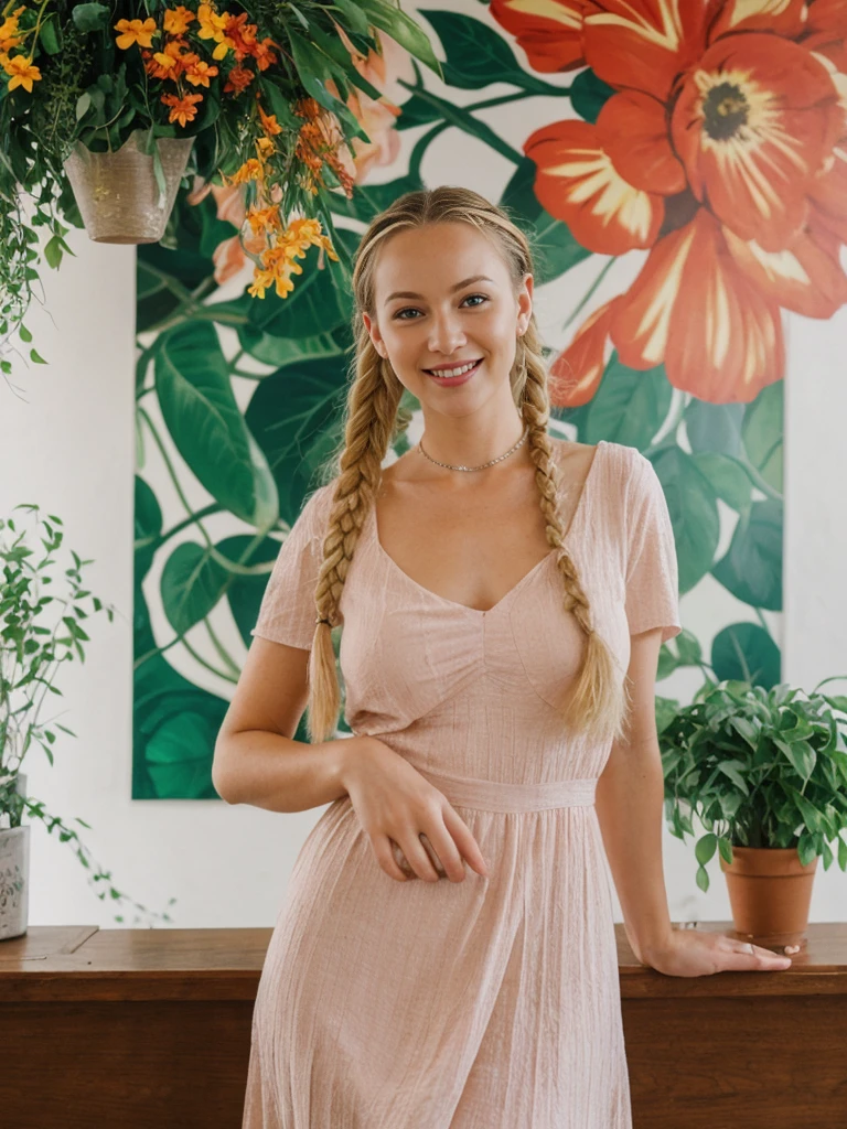 solo, realistic, photorealistic, natural lighting, (large forehead, (((Latvian woman))), (((Latvian nose))), (((Latvian eyes))), (((blonde))), (((braids))), (((Latvian face))), (((Latvian lips))), (((Latvian body))), (((fair complexion))) pose: standing, smiling, wearing Ruched Bodycon Dress, cleavage, , background: A trendy bar designed with vibrant, photogenic decor that includes neon signs, hanging plants, and art murals. Cocktails are creatively crafted with colorful ingredients and edible flowers, perfect for sharing on social media. The atmosphere is lively, with indie pop playing in the background.
