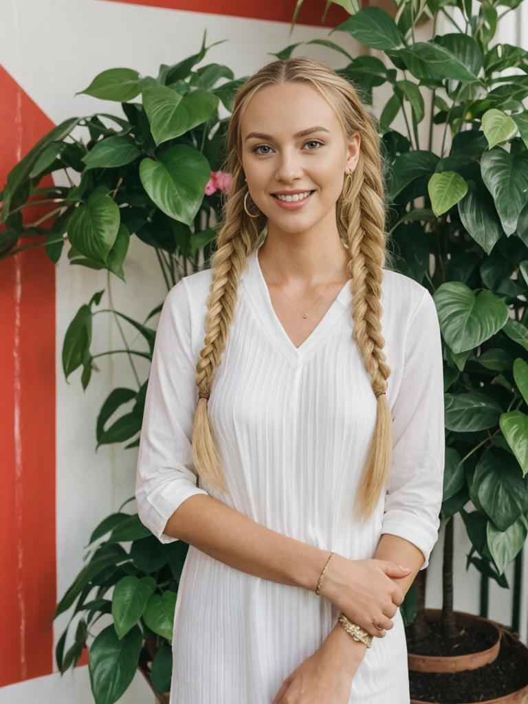 solo, realistic, photorealistic, natural lighting, (large forehead, (((Latvian woman))), (((Latvian nose))), (((Latvian eyes))), (((blonde))), (((braids))), (((Latvian face))), (((Latvian lips))), (((Latvian body))), (((fair complexion))) pose: standing, smiling, wearing Ruched Bodycon Dress, cleavage, , background: A trendy bar designed with vibrant, photogenic decor that includes neon signs, hanging plants, and art murals. Cocktails are creatively crafted with colorful ingredients and edible flowers, perfect for sharing on social media. The atmosphere is lively, with indie pop playing in the background.
