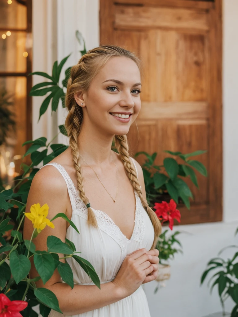 solo, realistic, photorealistic, natural lighting, (large forehead, (((Latvian woman))), (((Latvian nose))), (((Latvian eyes))), (((blonde))), (((braids))), (((Latvian face))), (((Latvian lips))), (((Latvian body))), (((fair complexion))) pose: standing, smiling, wearing Ruched Bodycon Dress, cleavage, , background: A trendy bar designed with vibrant, photogenic decor that includes neon signs, hanging plants, and art murals. Cocktails are creatively crafted with colorful ingredients and edible flowers, perfect for sharing on social media. The atmosphere is lively, with indie pop playing in the background.