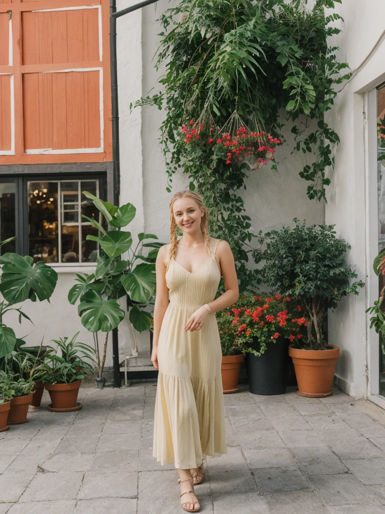 solo, realistic, photorealistic, natural lighting, (large forehead, (((Latvian woman))), (((Latvian nose))), (((Latvian eyes))), (((blonde))), (((braids))), (((Latvian face))), (((Latvian lips))), (((Latvian body))), (((fair complexion))) pose: standing, smiling, wearing Ruched Bodycon Dress, cleavage, , background: A trendy bar designed with vibrant, photogenic decor that includes neon signs, hanging plants, and art murals. Cocktails are creatively crafted with colorful ingredients and edible flowers, perfect for sharing on social media. The atmosphere is lively, with indie pop playing in the background.