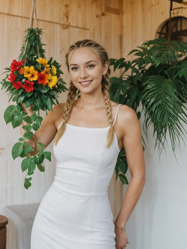 solo, realistic, photorealistic, natural lighting, (large forehead, (((Latvian woman))), (((Latvian nose))), (((Latvian eyes))), (((blonde))), (((braids))), (((Latvian face))), (((Latvian lips))), (((Latvian body))), (((fair complexion))) pose: standing, smiling, wearing Ruched Bodycon Dress, cleavage, , background: A trendy bar designed with vibrant, photogenic decor that includes neon signs, hanging plants, and art murals. Cocktails are creatively crafted with colorful ingredients and edible flowers, perfect for sharing on social media. The atmosphere is lively, with indie pop playing in the background.