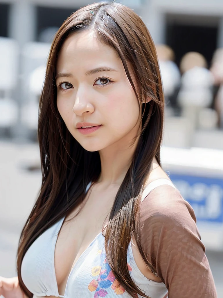 (photo-realistic:1.8)、Close-up portrait of a woman、Ash brown hair、bikini、Highly detailed clothing、As a fashion model、On the shibuya streets、Random people々、Model taken for Instagram post、 OL。