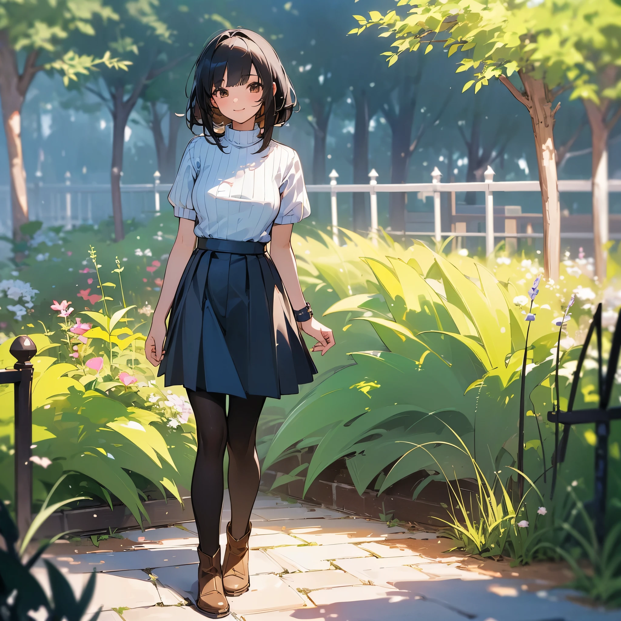 (high quality, High resolution, Very detailed, reality:1.37), Peaceful atmosphere, (Outdoor, garden), Teenage girl standing alone, (my breasts are big.), Beautiful details, Cute Smile, (Black bob hair), Short sleeve ribbed sweater, Blue Skirt, Black tights, Brown boots.