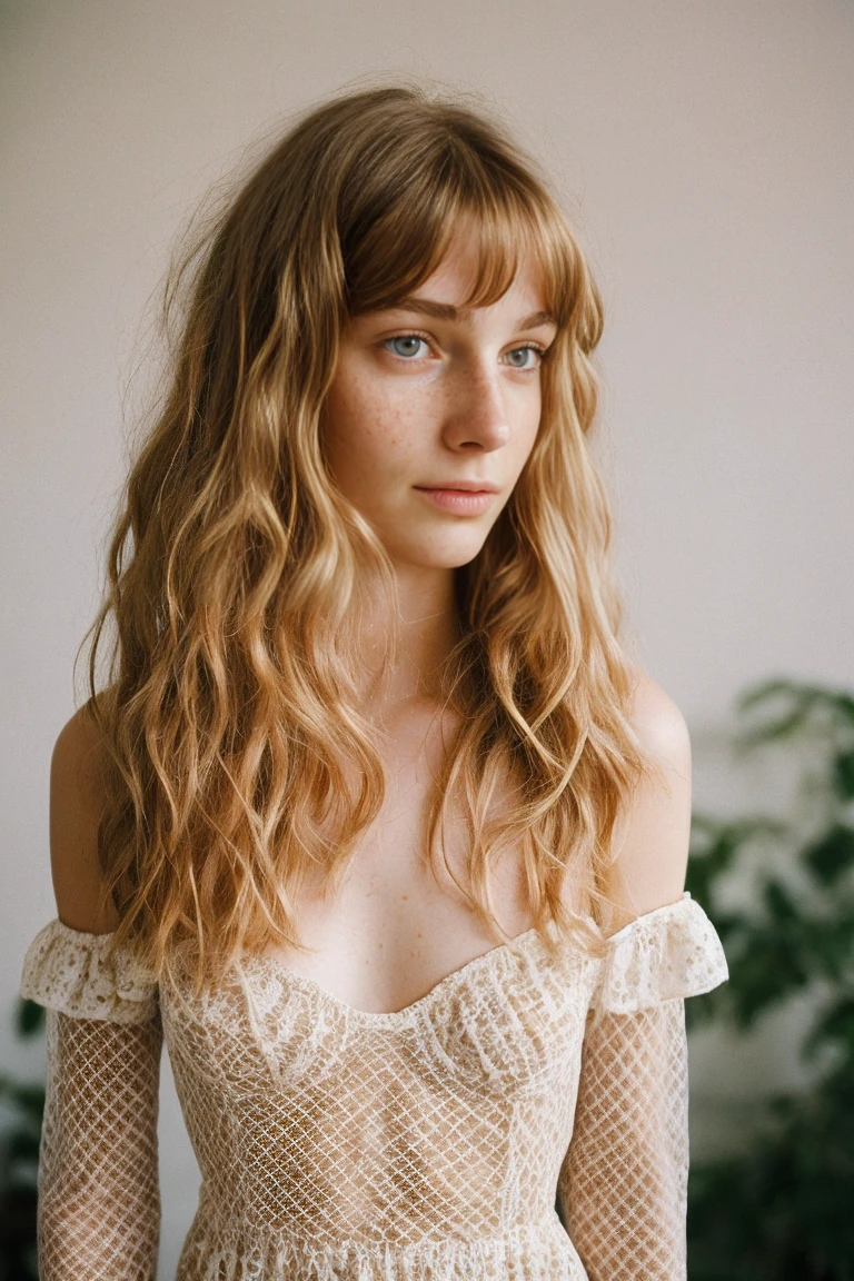 realistic photo of a 17-year-old girl, beautiful face, cute appearance, long wavy blonde hair with bangs, freckles, in an off-shoulder dress, standing, relaxed expression, brimming with emotion, interplay of contrast along with detailed light and shadow, depth of field, dark atmosphere with candlelight scenario, with long legs wearing sexy fishnet underwear