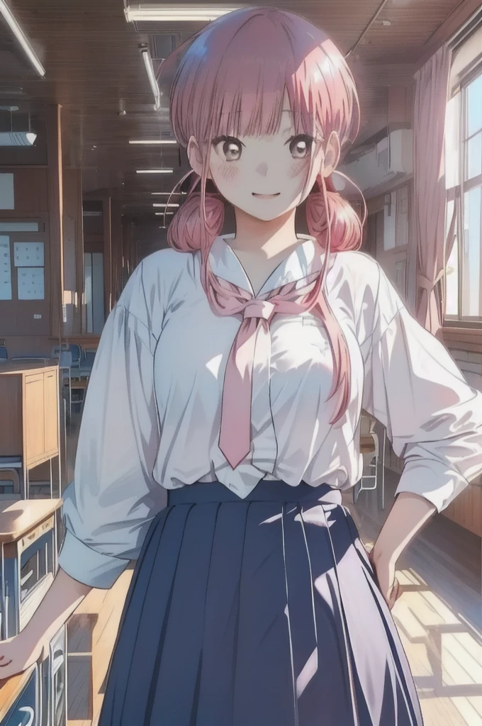 Pink Hair、Pink Hair、Pull up your skirt、high school girl、Japanese 、classroom、Pull up your skirt、Showing panties、黒いShowing panties、Blushing、Pink Hair