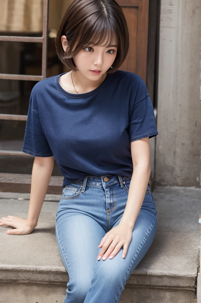 woman　jeans　short hair　Town　sit　cute