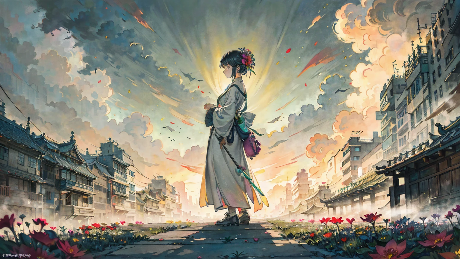A vibrant flower blooms on the dirty ground of a large gray avenue. A crowd of gray, soulless people crosses the streets. A colorful , glowing with bright hues, stands protectively over the flower, protecting it with her little hands and determined eyes. Sunlight breaks through the dark clouds. Studio Ghibli style