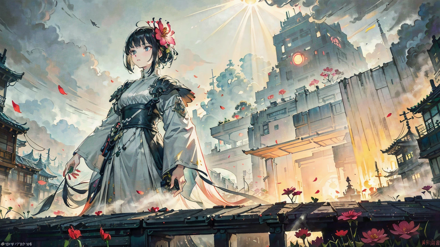A vibrant flower blooms on the dirty ground of a large gray avenue. A crowd of gray, soulless people crosses the streets. A colorful , glowing with bright hues, stands protectively over the flower, protecting it with her little hands and determined eyes. Sunlight breaks through the dark clouds. Studio Ghibli style