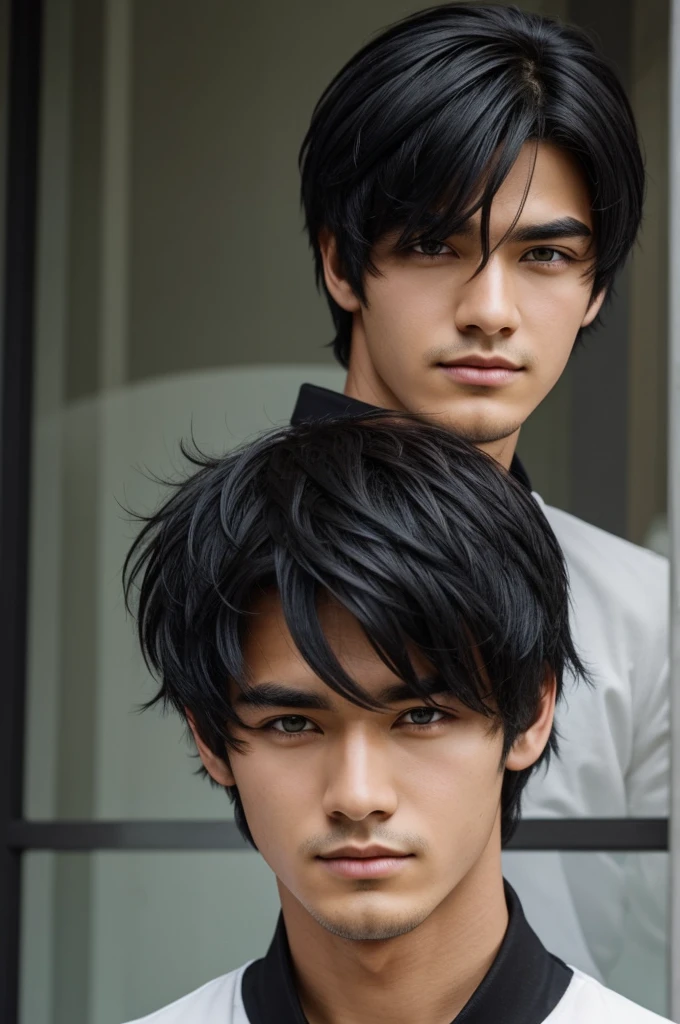 Istp cool and cute and simple but cool black hair with his right eye is brown and the left eye is dark blue 