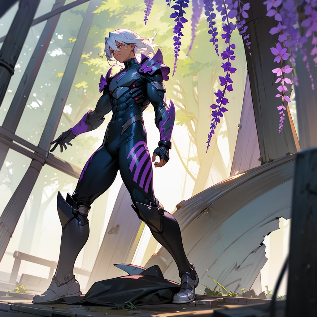 1male, adult, dark skin, finely detailed plum eyes, wild medium hair, seashell white hair color, full body combat suit, shoulder armor pieces, combat boots, baggy miltarty combat pants, standing on ruined building, day time, tokyo streets, somber expression, muscular, tattoos, wisteria flowers, scars