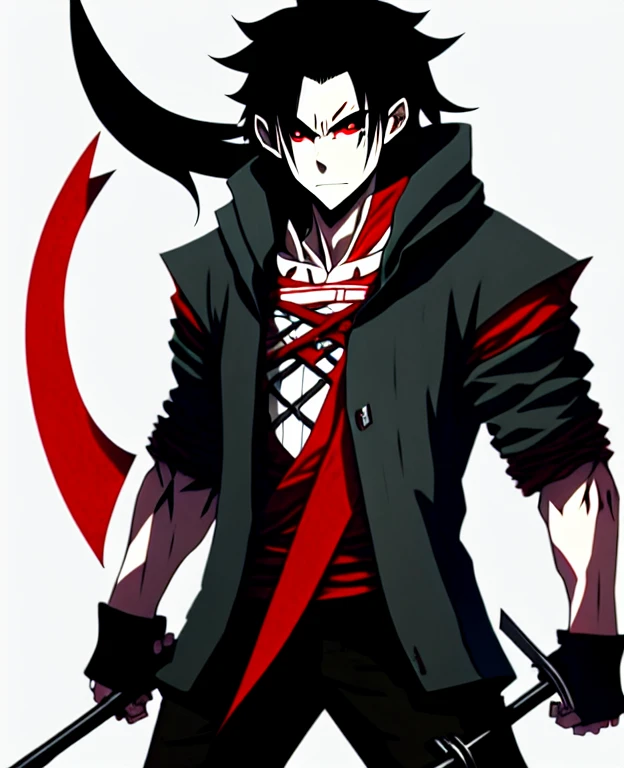 anime character with black hair, Delgado, White and red eyes, Long hair, Torn clothes, that has no muscles, with a giant scythe with the tip broken into thousands of pieces, black ripped sweater, high, blood background with hobo clothes