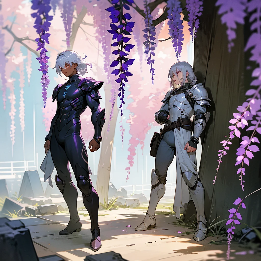 1male,  adult, dark skin, finely detailed plum eyes, wild medium hair, seashell white hair color, full body combat suit, shoulder armor pieces, combat boots, baggy miltarty combat pants, standing on ruined building, day time, tokyo streets, somber expression, muscular, tattoos, wisteria flowers, scars