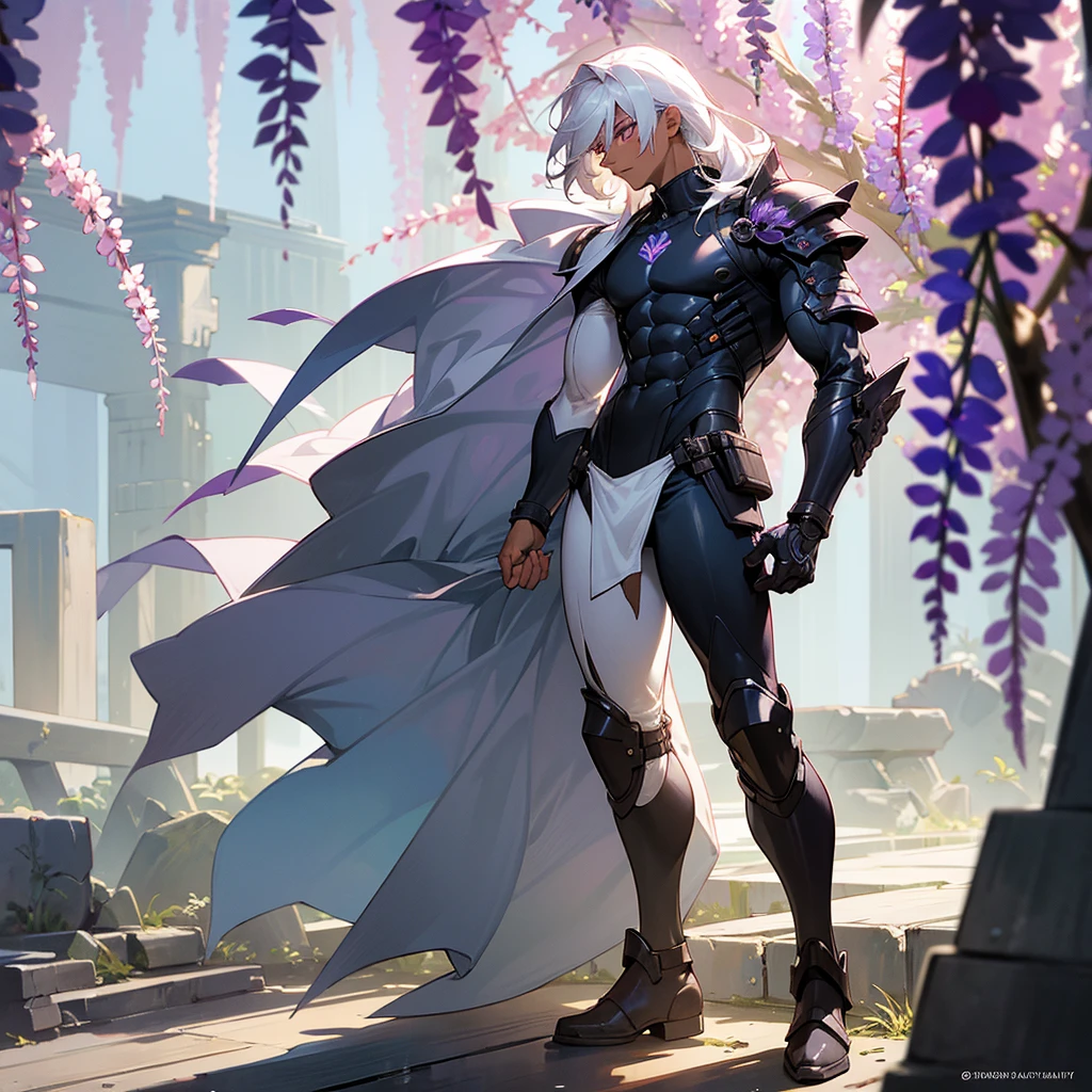 1male, young adult, dark skin, finely detailed plum eyes, wild medium hair, seashell white hair color, full body combat suit, shoulder armor pieces, combat boots, baggy miltarty combat pants, standing on ruined building, day time, tokyo streets, somber expression, muscular, tattoos, wisteria flowers, scars