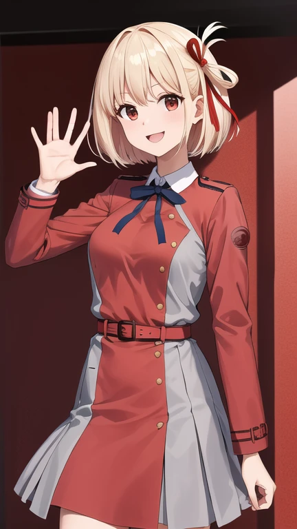 masterpiece, best quality, highres, aachisato, short hair, hair ribbon, breasts, neck ribbon, collared shirt, lycoris uniform, two-tone dress, red dress, grey dress, long sleeves, red belt, waving, smile, amusement park, standing