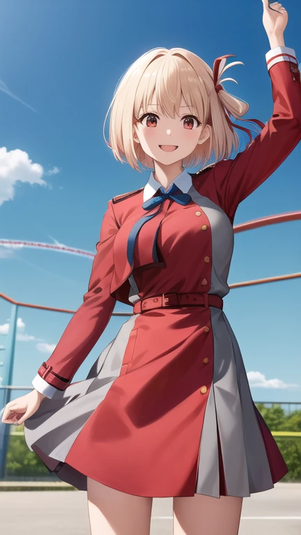 masterpiece, best quality, highres, aachisato, short hair, hair ribbon, breasts, neck ribbon, collared shirt, lycoris uniform, two-tone dress, red dress, grey dress, long sleeves, red belt, waving, smile, amusement park, standing