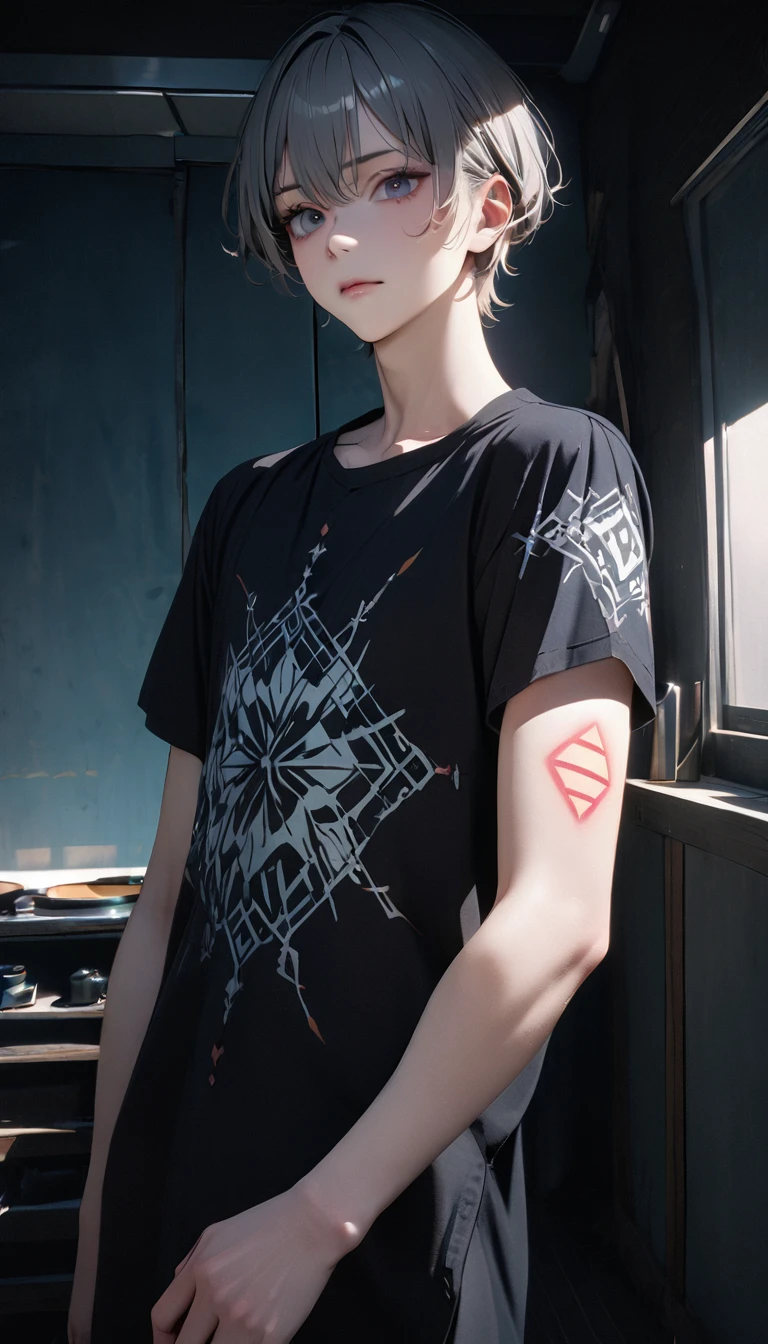 (8K, RAW photos, best quality, masterpiece: 1.4), (((Countdown marks appear on the forearm))),Ultra-high resolution, Extremely detailed, light, closeup of arms, Handsome man, black eyes, (delicate eyes, Eyes are bright:1.2), Gray short hair, Fair skin,dark, Black clothes, Meticulous clothes, Printed pattern on T-shirt,(perfect anatomy:1.2), High-quality shadows, Natural Lighting, (white highlights:1.2), night, cloudy day, (at home:1.2), (Room:1.2)