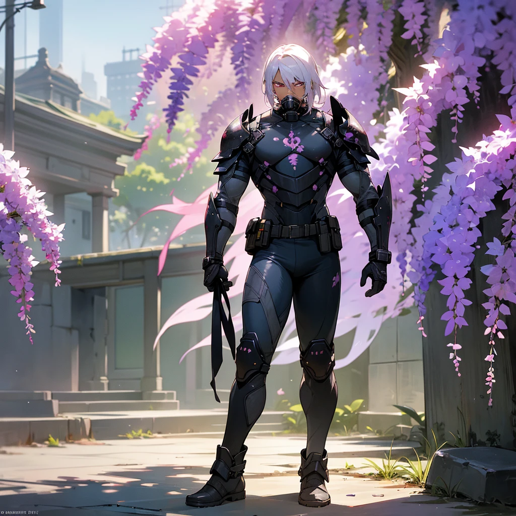 1male, young adult, dark skin, finely detailed plum eyes, wild medium hair, seashell white hair color, full body combat suit, shoulder armor pieces, combat boots, baggy miltarty combat pants, standing on ruined building, day time, tokyo streets, somber expression, muscular, tattoos, wisteria flowers, scars, gasmask
