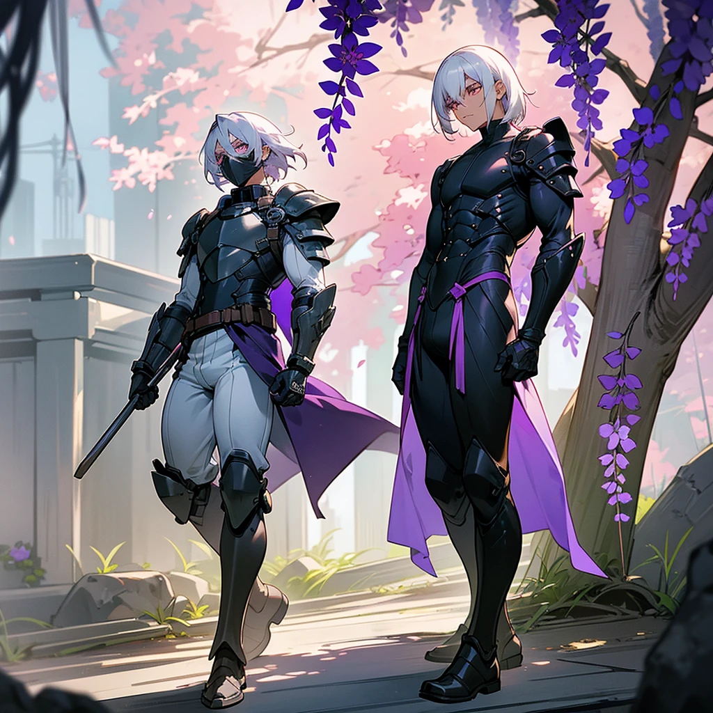 1male, young adult, dark skin, finely detailed plum eyes, wild medium hair, seashell white hair color, full body combat suit, shoulder armor pieces, combat boots, baggy miltarty combat pants, standing on ruined building, day time, tokyo streets, somber expression, muscular, tattoos, wisteria flowers, scars, gasmask