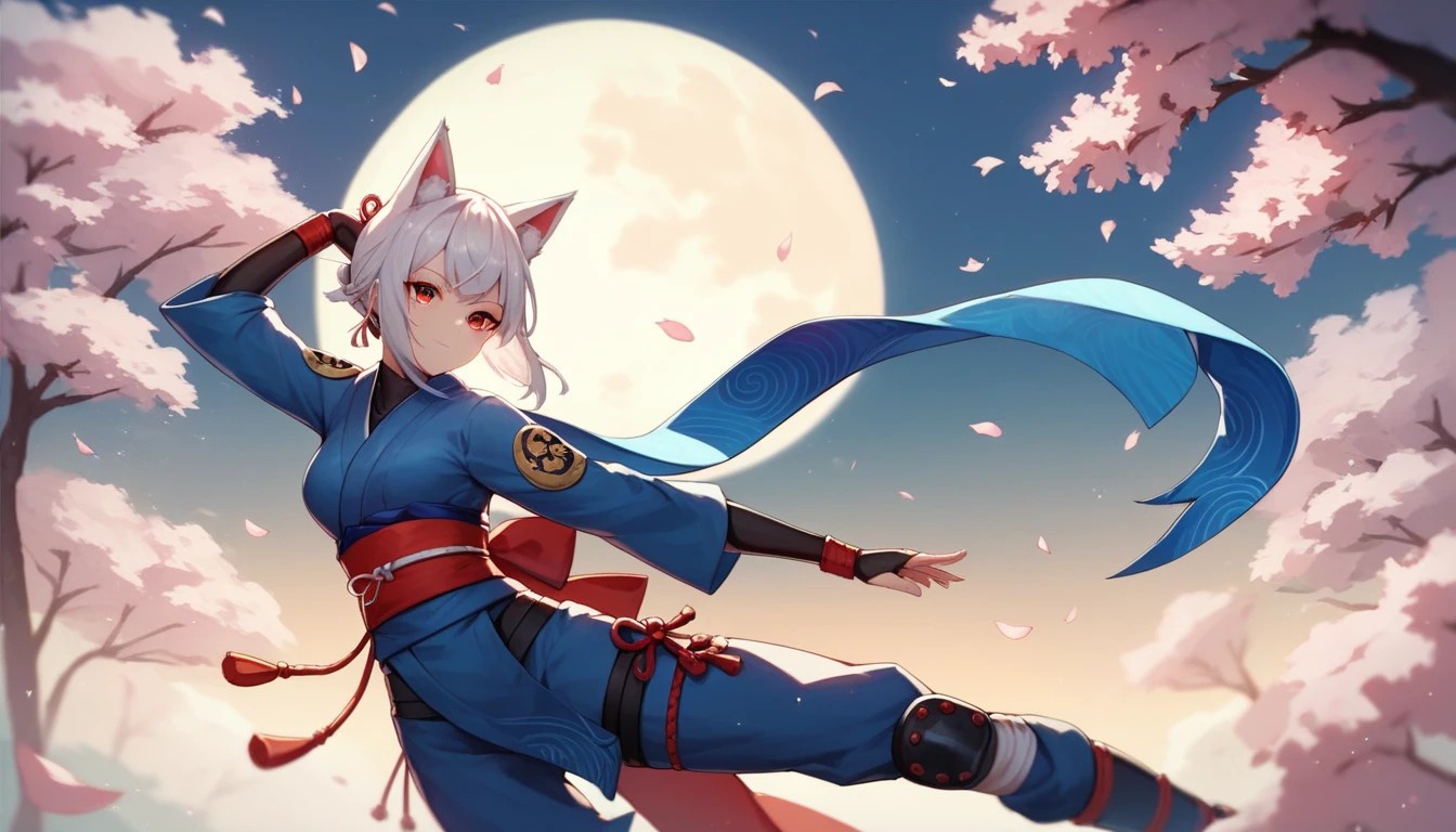 (masterpiece, best quality:1.2), 1girl, solo,Wolf girl, fox mask, ninja, girl, long white hair, odd eyes, blue kimono, ninja girl, red and blue scarf,Dancing Cherry Blossoms,Full moon backlighting, light coming in, fantastic atmosphere.