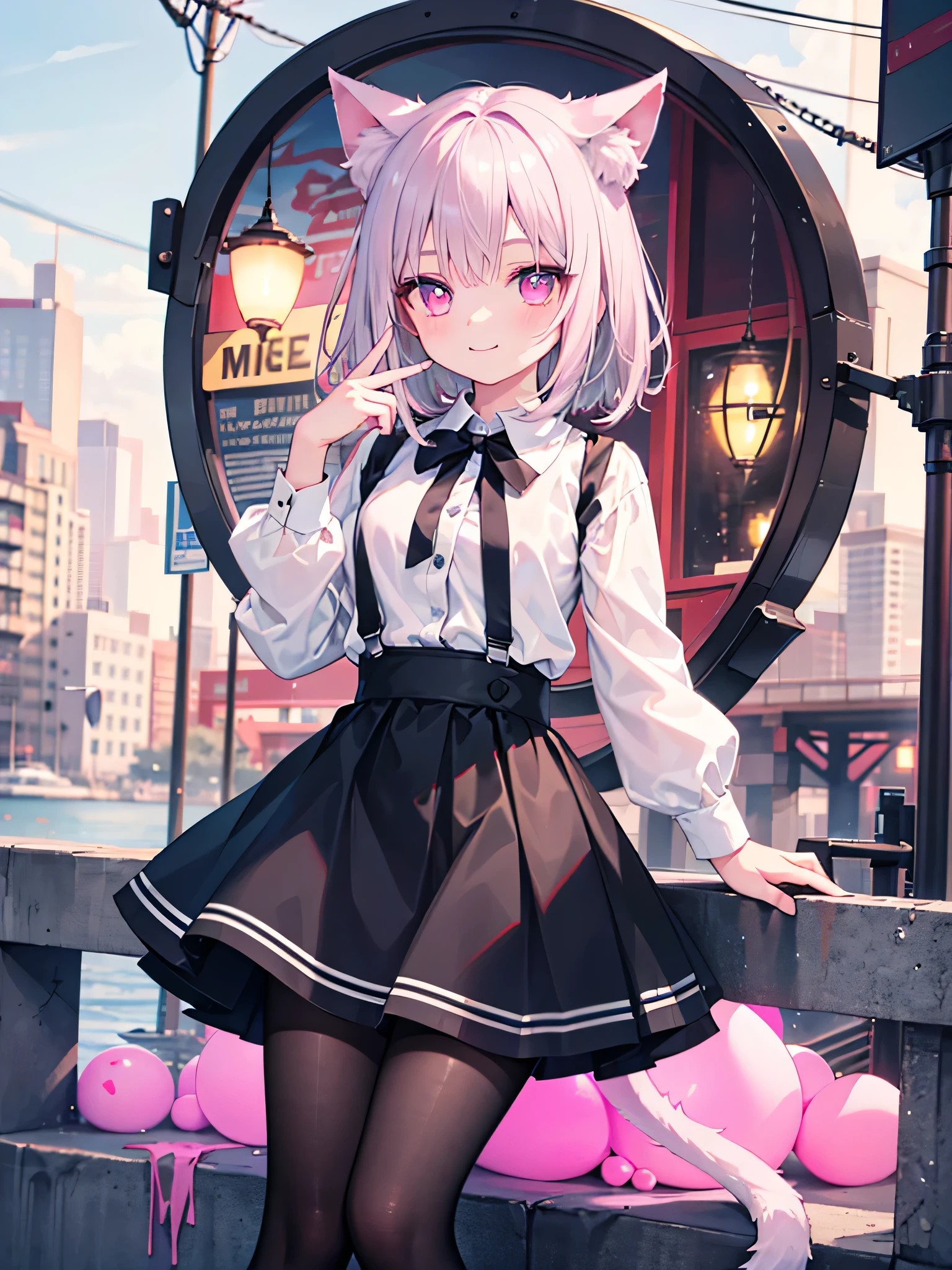 masterpiece,highest quality,Highly detailed face,fine grain,Waterfront,Bubble,Sparkling eyes,Highlighted eyes,Medium chest,pretty girl,smile,Cat ear,Beautiful silver hair,Pink inside,Beautiful pink eyes,Oversized shirt、skirt、black tights