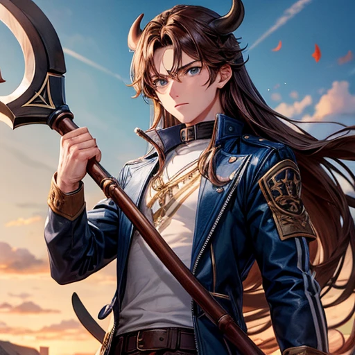 A boy with long brown hair and blue eyes Cow horn Cow earless Have a battle axe Wearing a jacket