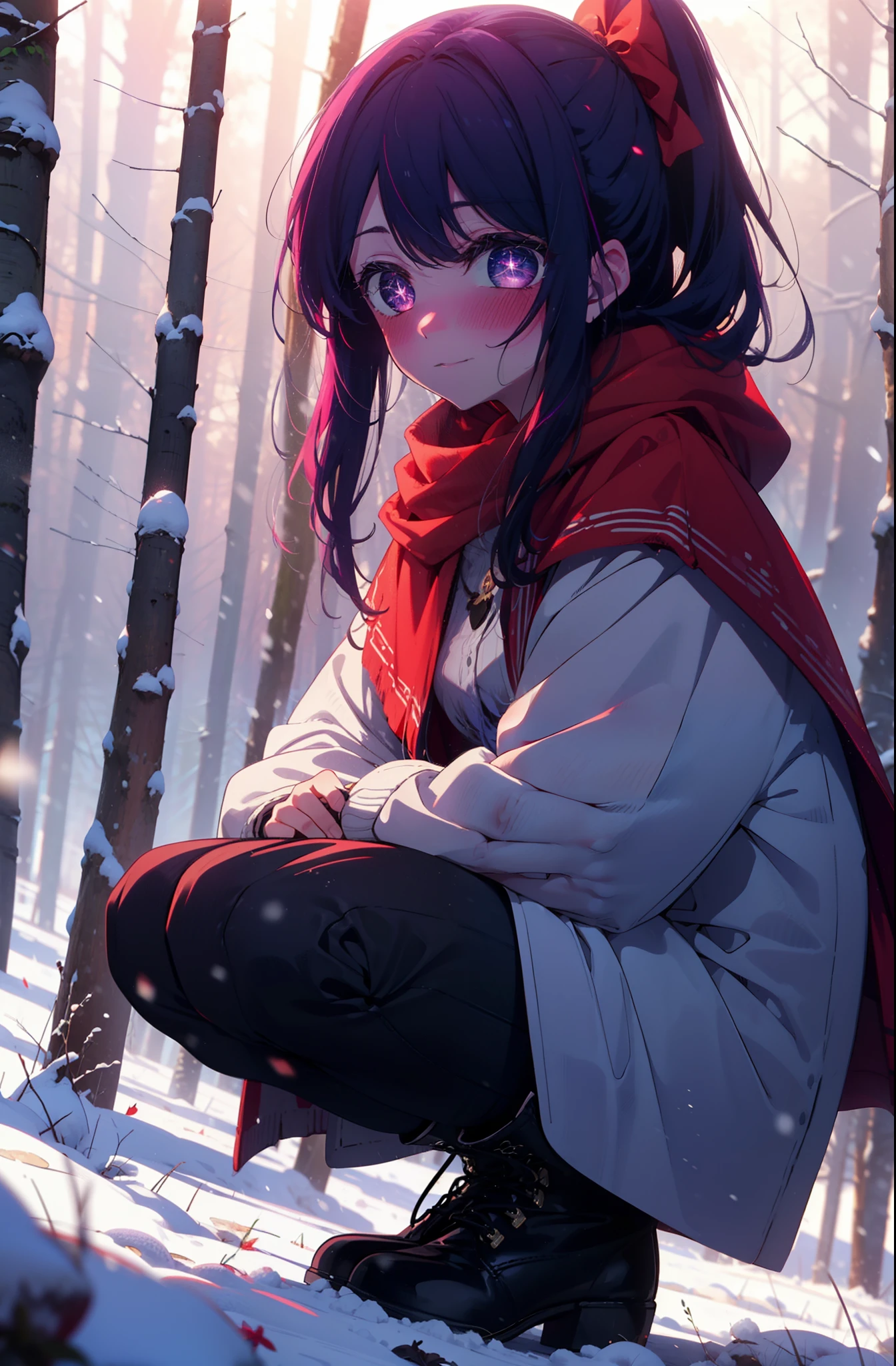 aihoshino, Ai Hoshino, Long Hair, bangs, (Purple eyes:1.1), Purple Hair, (Symbol-shaped pupil:1.5), smile,,smile,blush,White Breath,
Open your mouth,snow,Ground bonfire, Outdoor, boots, snowing, From the side, wood, suitcase, Cape, Blurred, , forest, White handbag, nature, Squat, Mouth closed, Cape, winter, Written boundary depth, Black shoes, red Cape break looking at viewer, Upper Body, whole body, break Outdoor, forest, nature, break (masterpiece:1.2), Highest quality, High resolution, unity 8k wallpaper, (shape:0.8), (Beautiful and beautiful eyes:1.6), Highly detailed face, Perfect lighting, Extremely detailed CG, (Perfect hands, Perfect Anatomy),