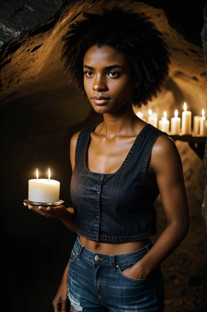 photograph of a woman, (happy facial expression), textured skin, Goosebumps, afro black hair, tattooed, white sleeveless blouse, with worn boyfriend jeans, cowboy shot, dark and mysterious cave with unique rock formations and hidden wonders, Perfect eyes, (candlelight,Chiaroscuro), 160 color holder, shot on ARRI ALEXA 65, bokeh, sharp focus on the subject, shot by Don McCullin