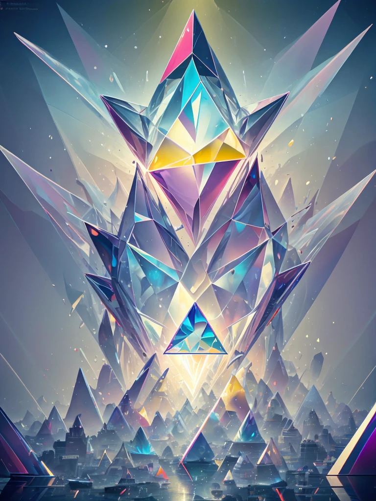A pattern of triangles of different sizes and vibrant colors, arranged in a random but balanced arrangement. The triangles vary in color, including bright shades of red, blue, yellow, green, and purple, creating a dynamic and energetic mosaic. Some triangles overlap slightly, adding depth and complexity to the design. The background is white, which highlights the bright colors of the triangles even more. The composition, although random, maintains a sense of visual balance, drawing the eye in and keeping it moving through the pattern.