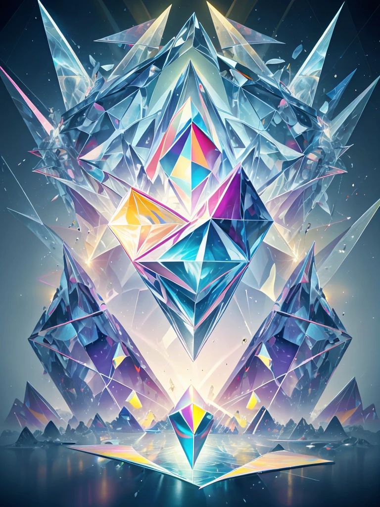 A pattern of triangles of different sizes and vibrant colors, arranged in a random but balanced arrangement. The triangles vary in color, including bright shades of red, blue, yellow, green, and purple, creating a dynamic and energetic mosaic. Some triangles overlap slightly, adding depth and complexity to the design. The background is white, which highlights the bright colors of the triangles even more. The composition, although random, maintains a sense of visual balance, drawing the eye in and keeping it moving through the pattern.