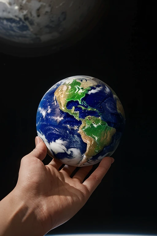 hand holding marble-size earth in empty space