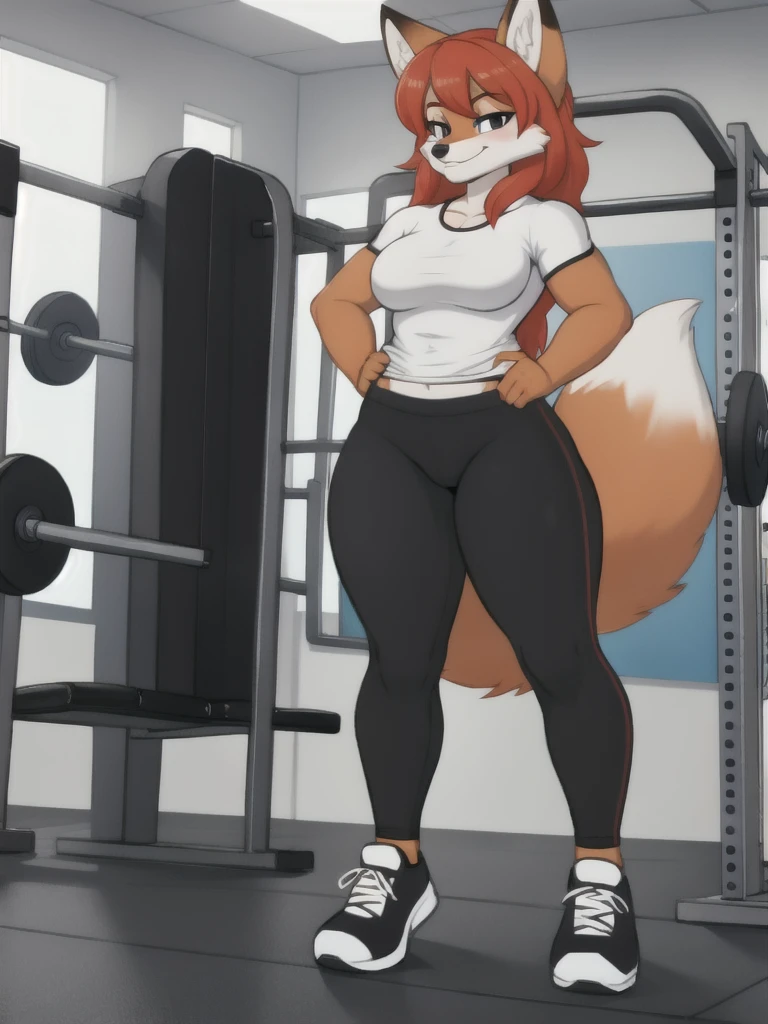 Furry, fox, female, white shirt, black leggings, shoes, gym, , full body
