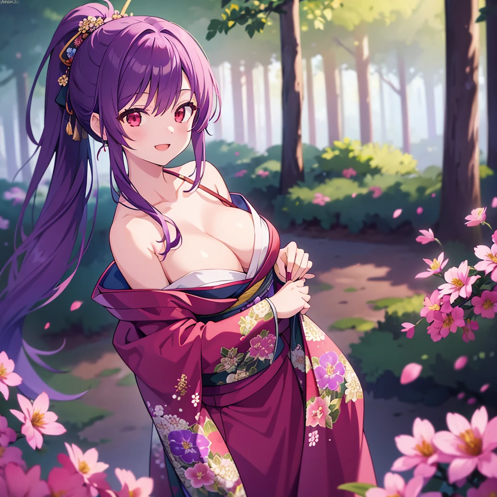 Highest quality, (masterpiece:1.2), Very detailed, Flowers, forest, Blurred Background,
One girl, alone, yuzuriha,
View your viewers, Medium chest, smile, Open your mouth,
Red eyes, Purple Hair, ponytail, Cleavage, Ninja, kimono, Bare shoulders