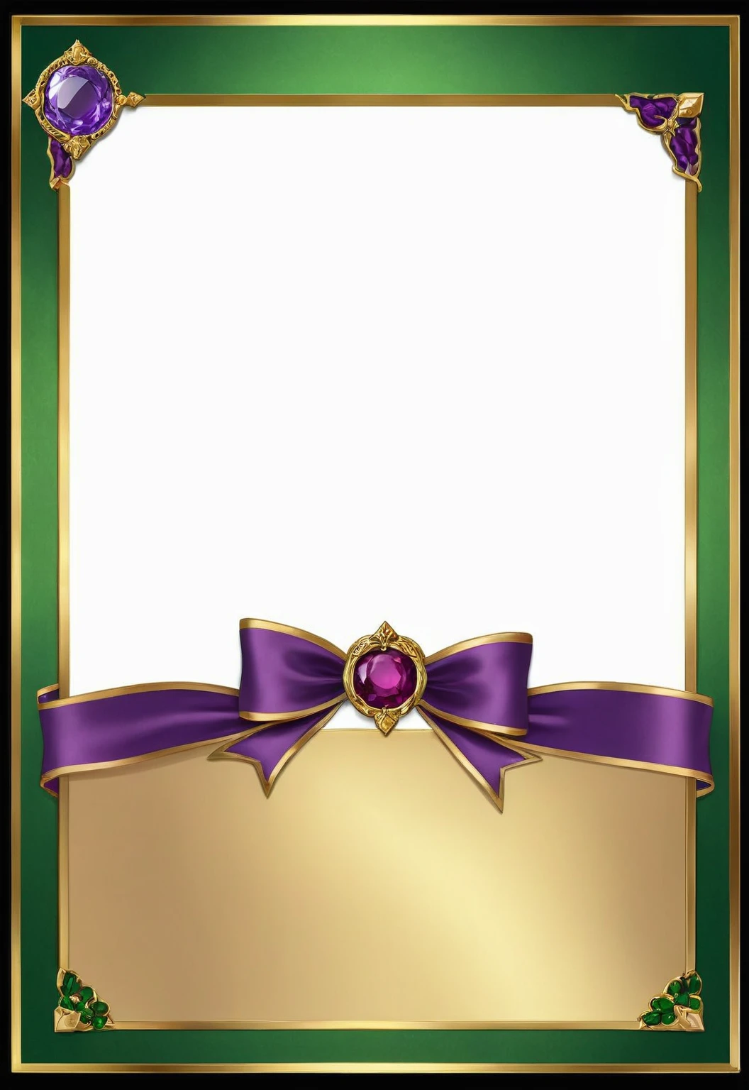 A card border UI，Medieval European aristocracy design，Noble and elegant dark style，There is a lavender ribbon in the middle with the card name.，There is a ruby under the bezel，There are sapphires on the left and right corners.。Redwood frame，Parchment backing，There are blood stains on it。Deep Red、Emerald Green、Gold main tone。