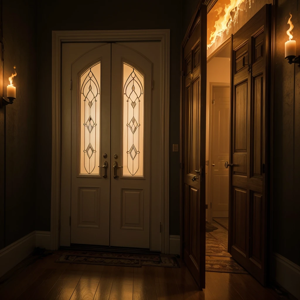 Image of two doors, the door on the right appears behind her hell a place full of fire and torment and terror, while the door on the left appears heaven, a place full of light, divine glory, a very beautiful place full of peace